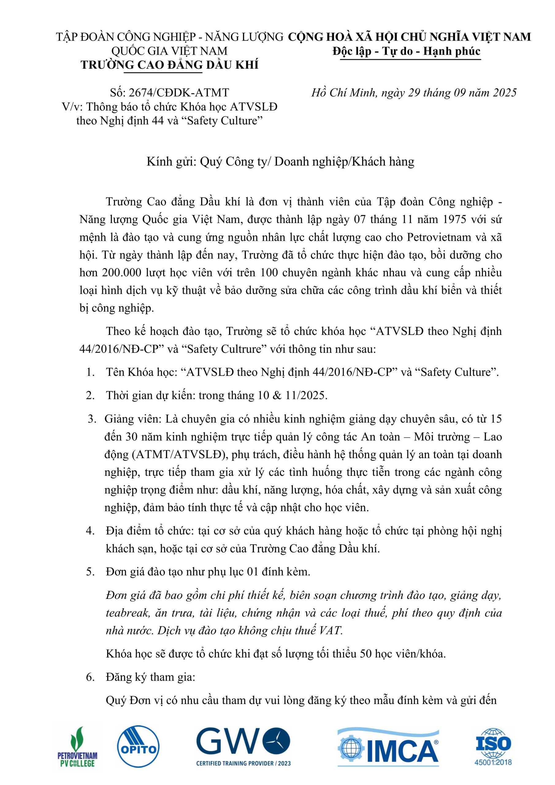 Thông báo tổ chức Khóa học ATVSLĐ theo Nghị định 44 và “Safety Culture”