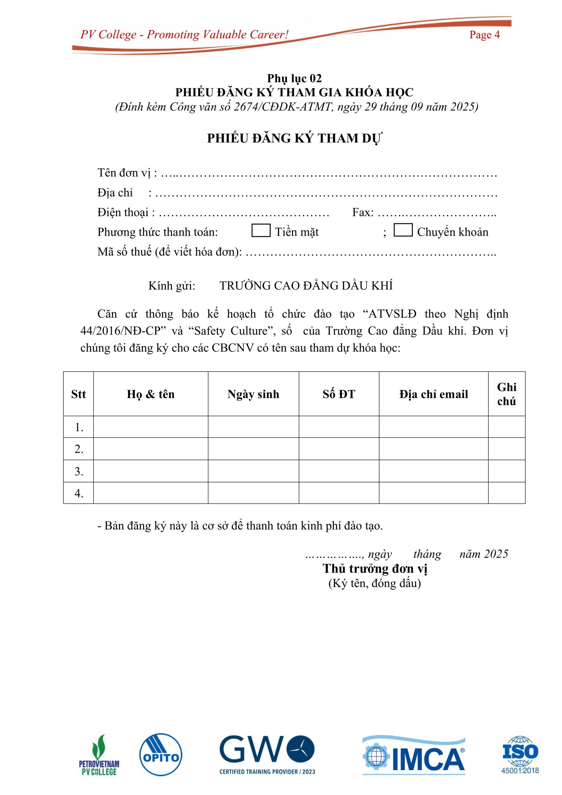 Thông báo tổ chức Khóa học ATVSLĐ theo Nghị định 44 và “Safety Culture”