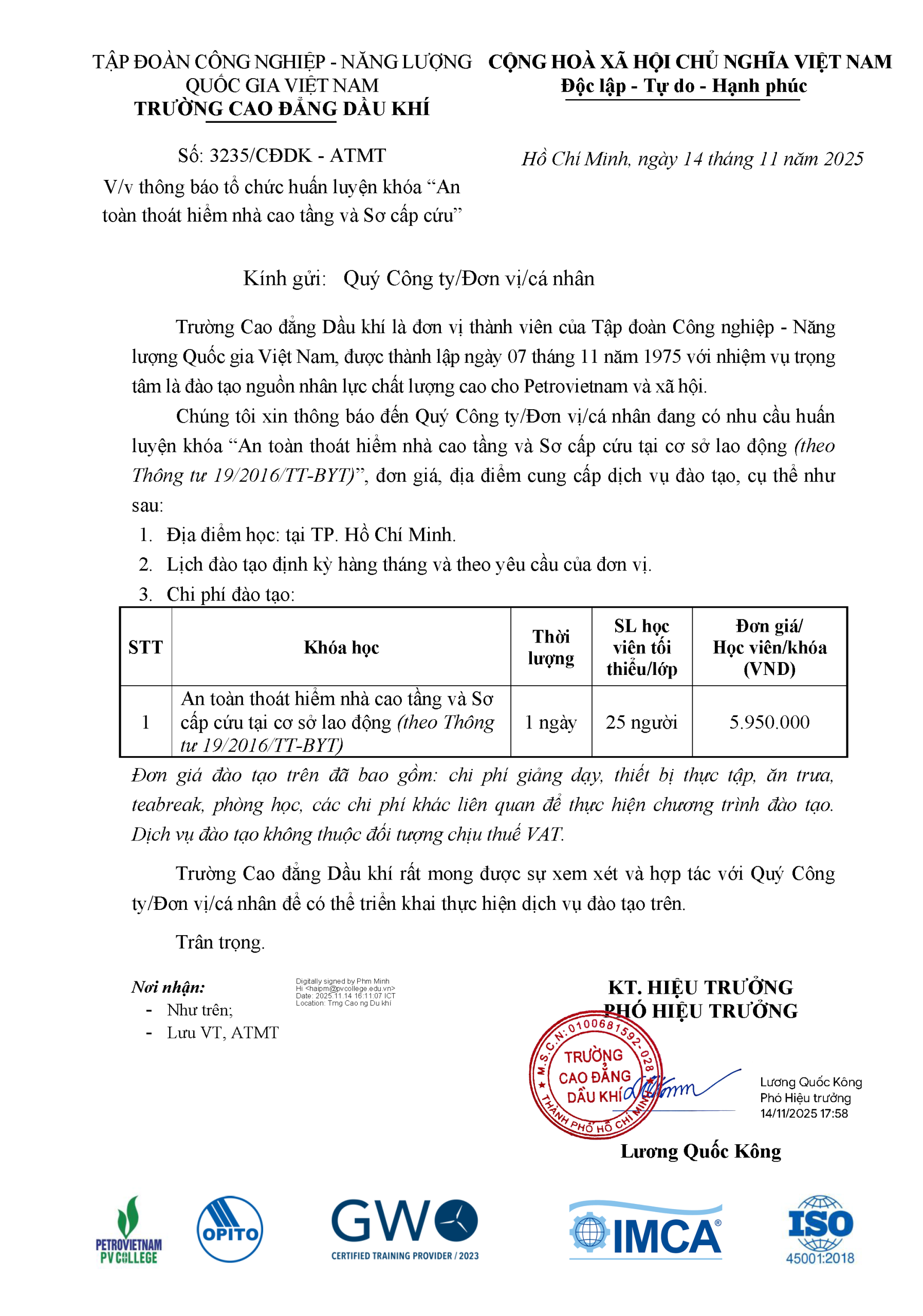 Thông báo tổ chức huấn luyện khóa “An toàn thoát hiểm nhà cao tầng và Sơ cấp cứu”