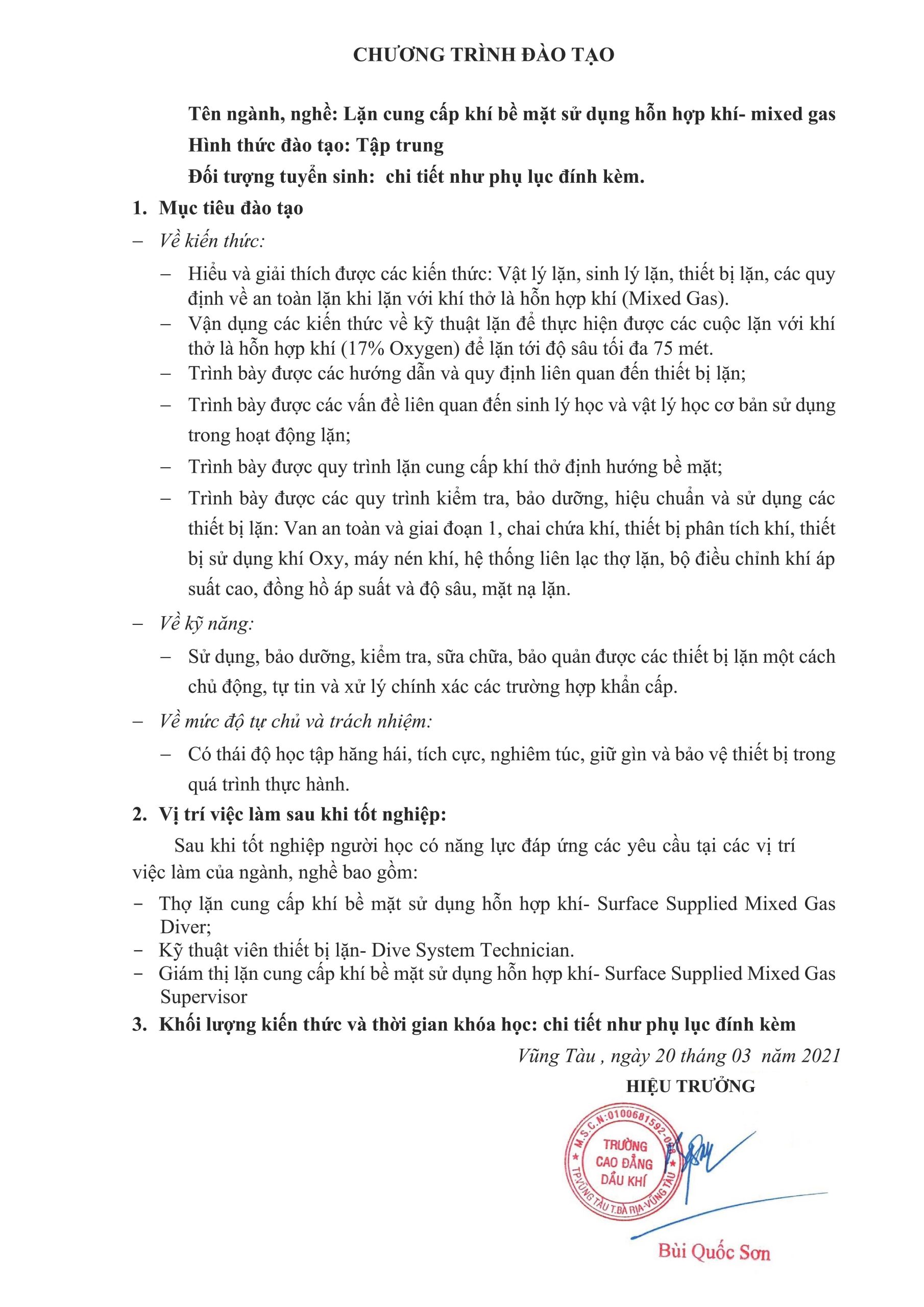 Ban hanh chương trình đào tạo nội bộ khoá học: CHƯƠNG TRÌNH ĐÀO TẠO NỘI BỘ ĐÀO TẠO LẶN CUNG CẤP KHÍ BỀ MẶT SỬ DỤNG HỖN HỢP KHÍ (MIXED GAS)