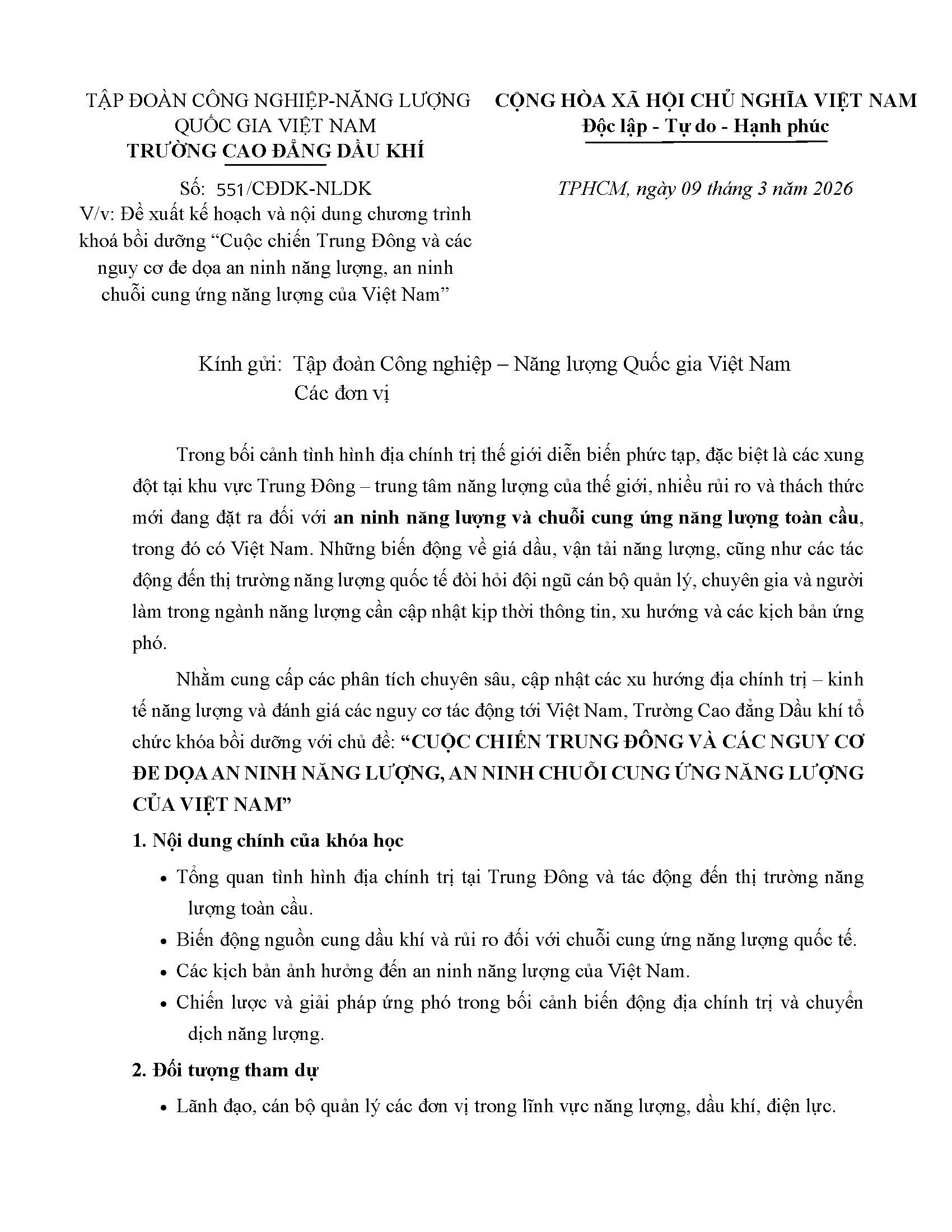 Đề xuất kế hoạch và nội dung chương trình khoá bồi dưỡng “Cuộc chiến Trung Đông và các nguy cơ đe dọa an ninh năng lượng, an ninh chuỗi cung ứng năng lượng của Việt Nam”
