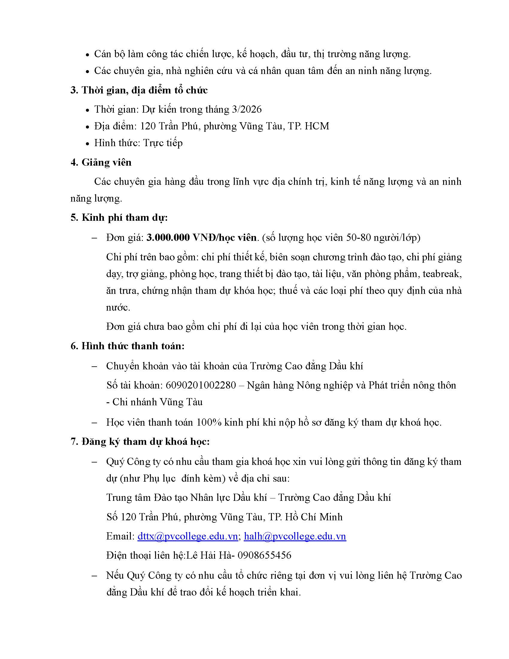 Đề xuất kế hoạch và nội dung chương trình khoá bồi dưỡng “Cuộc chiến Trung Đông và các nguy cơ đe dọa an ninh năng lượng, an ninh chuỗi cung ứng năng lượng của Việt Nam”