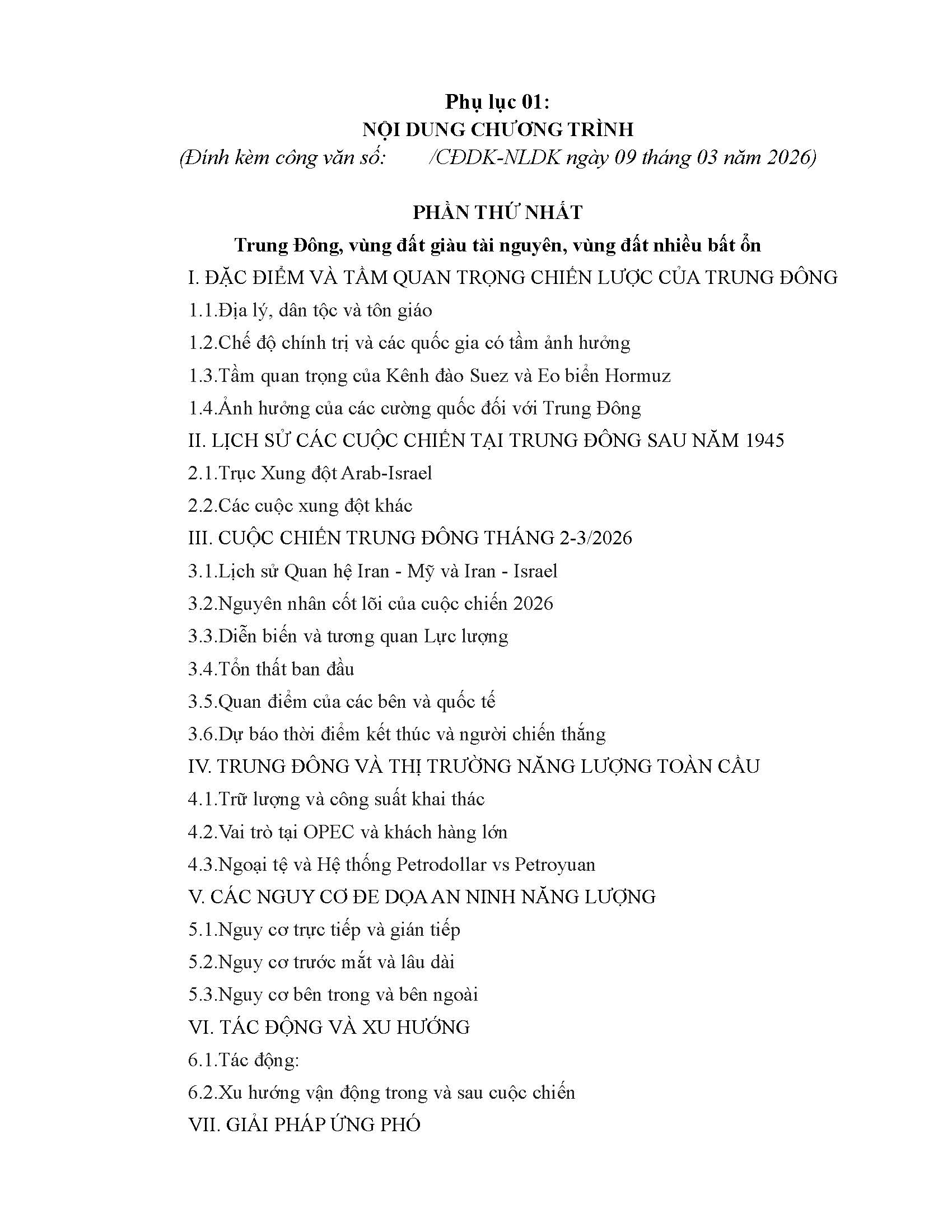 Đề xuất kế hoạch và nội dung chương trình khoá bồi dưỡng “Cuộc chiến Trung Đông và các nguy cơ đe dọa an ninh năng lượng, an ninh chuỗi cung ứng năng lượng của Việt Nam”