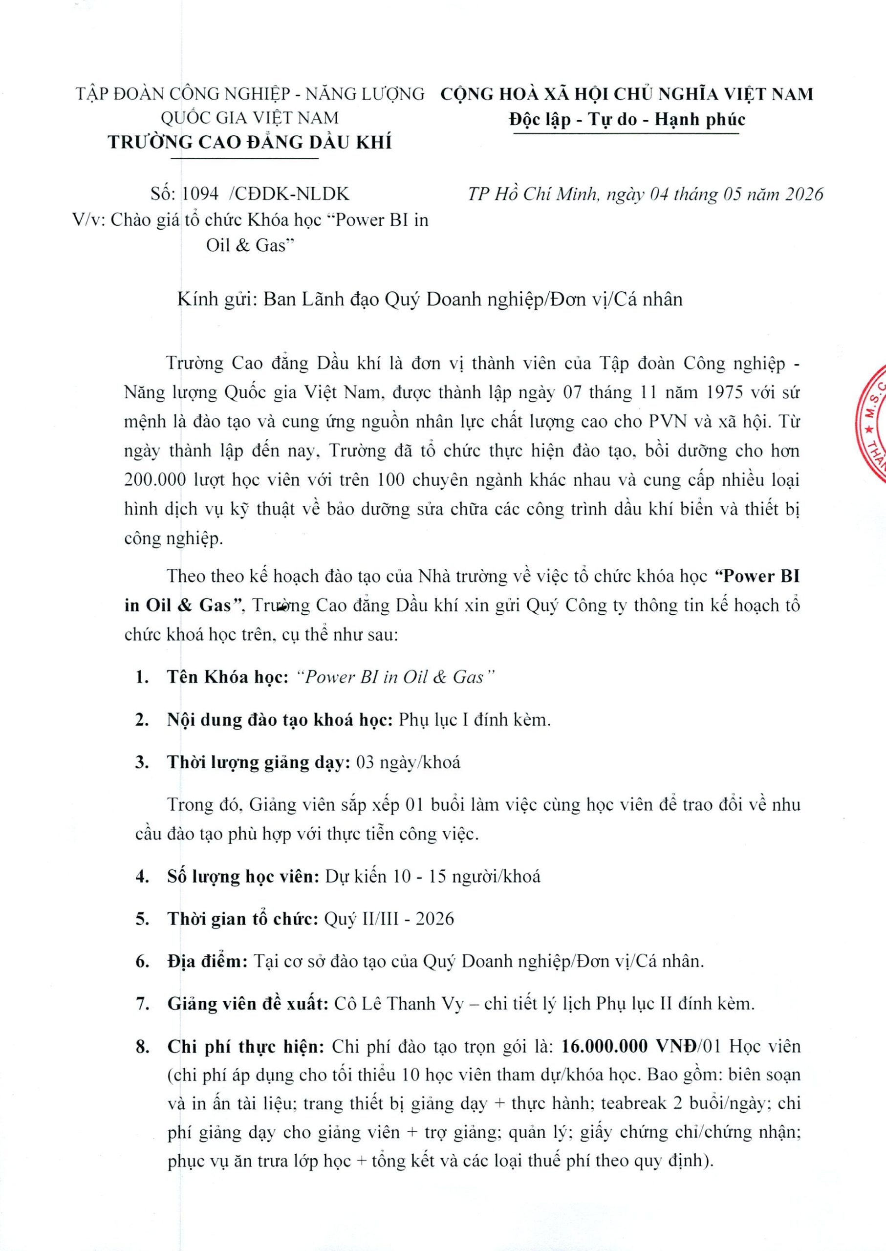 Kế hoạch tổ chức khoá học “Power BI in Oil & Gas”