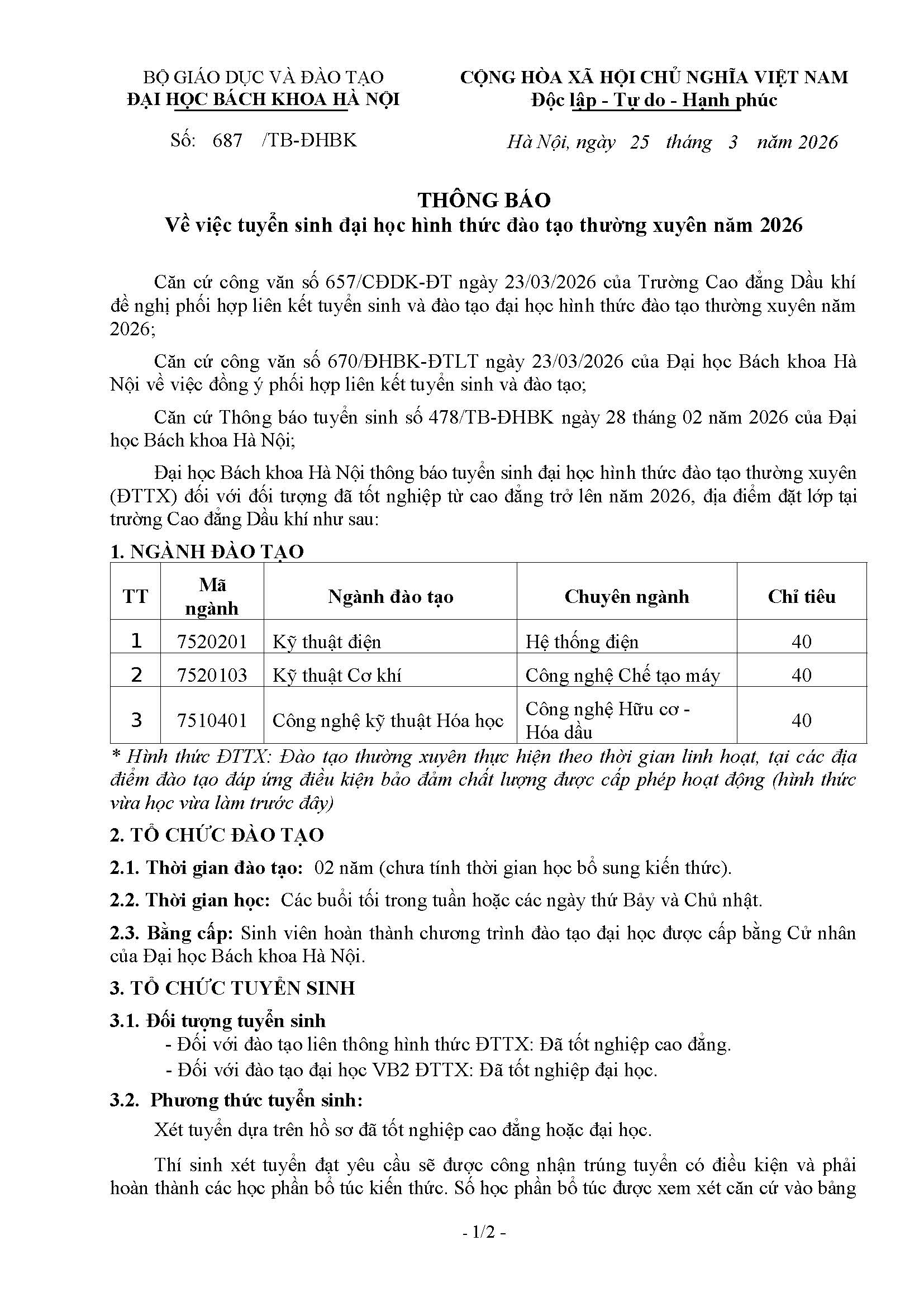 Thông báo tuyển sinh Liên thông từ Cao đẳng lên Đại học và Đại học văn bằng 2 năm 2026 của ĐẠI HỌC BÁCH KHOA HÀ NỘI