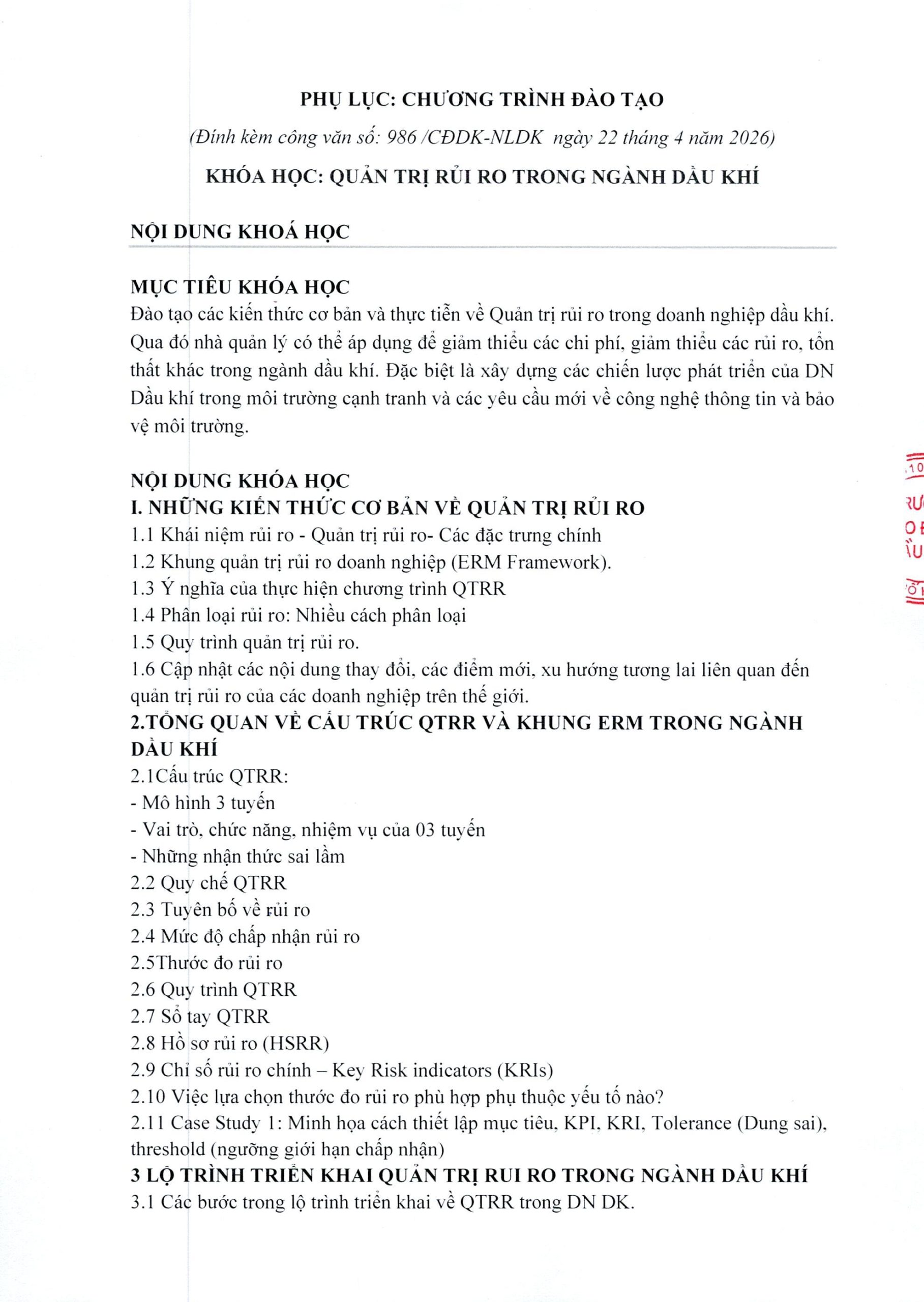 Mời tham gia khoá học “Quản trị rủi ro trong ngành dầu khí”