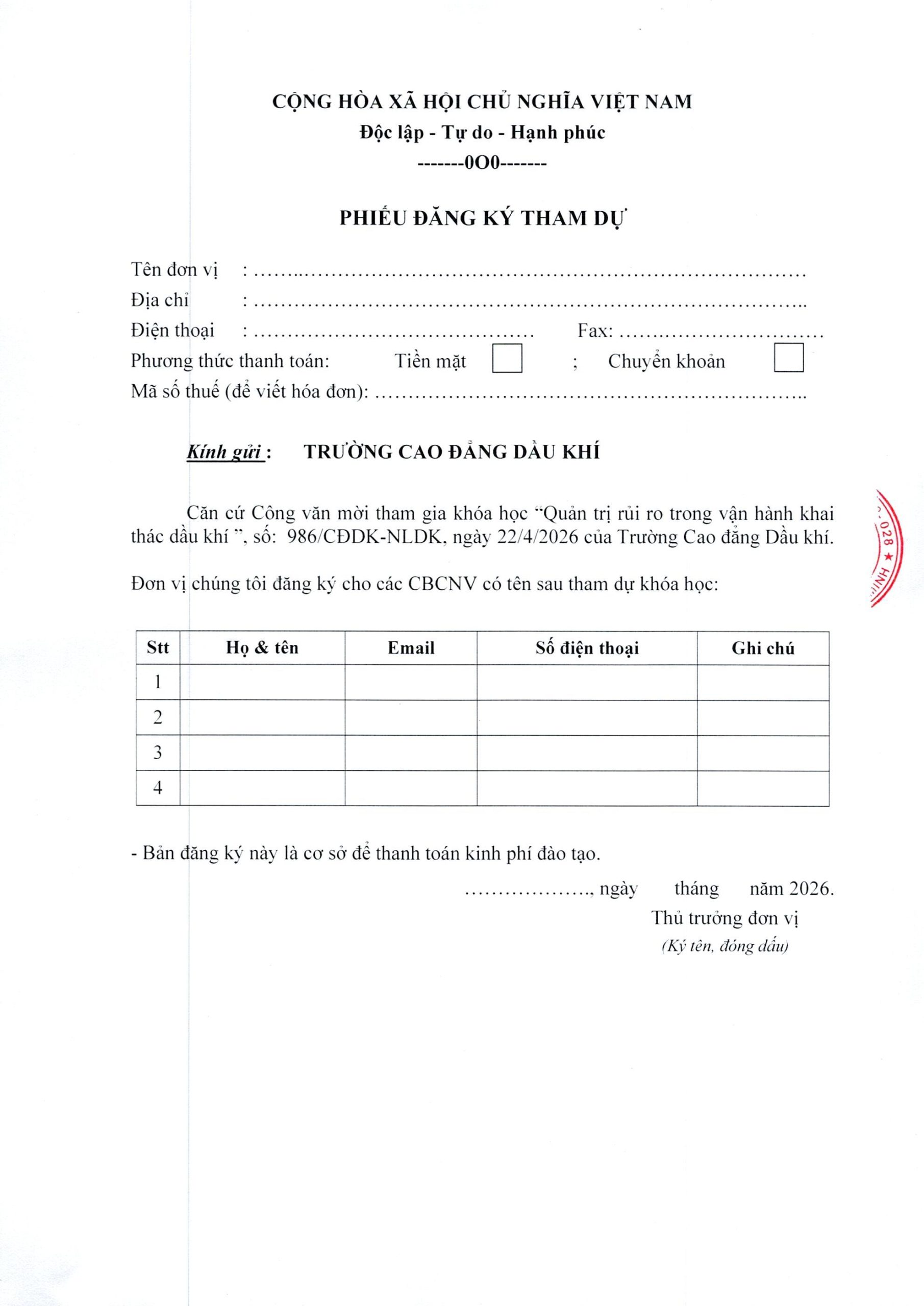 Mời tham gia khoá học “Quản trị rủi ro trong ngành dầu khí”