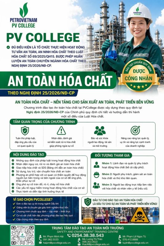 PVCollege được công nhận đủ điều kiện huấn luyện an toàn chuyên ngành hóa chất theo Nghị định 25/2026/NĐ-CP.