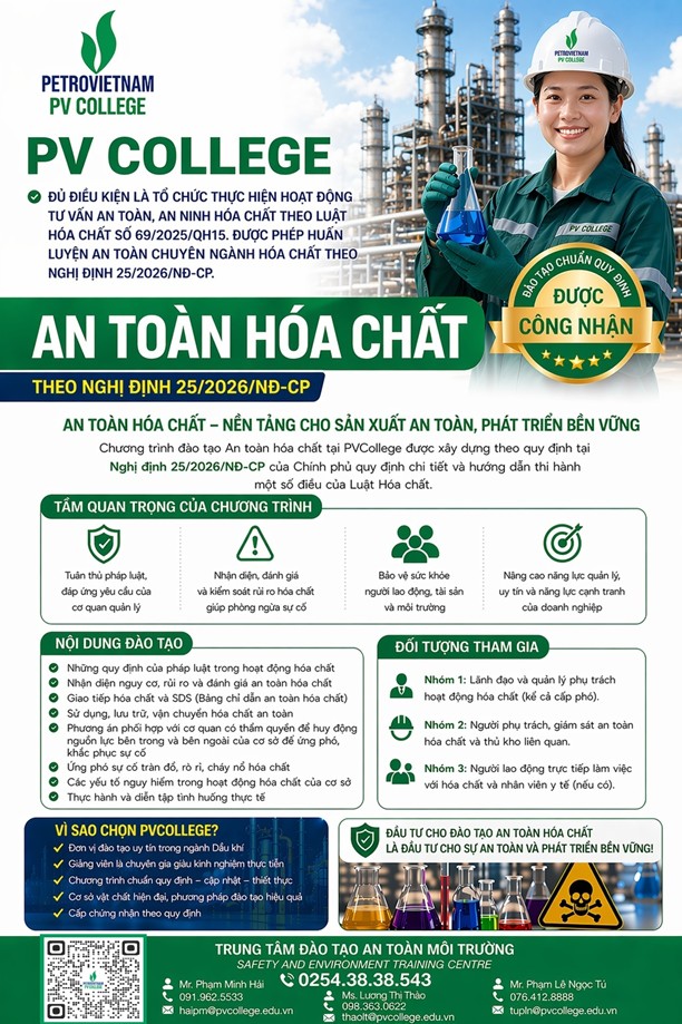 PVCollege được công nhận đủ điều kiện huấn luyện an toàn chuyên ngành hóa chất theo Nghị định 25/2026/NĐ-CP.