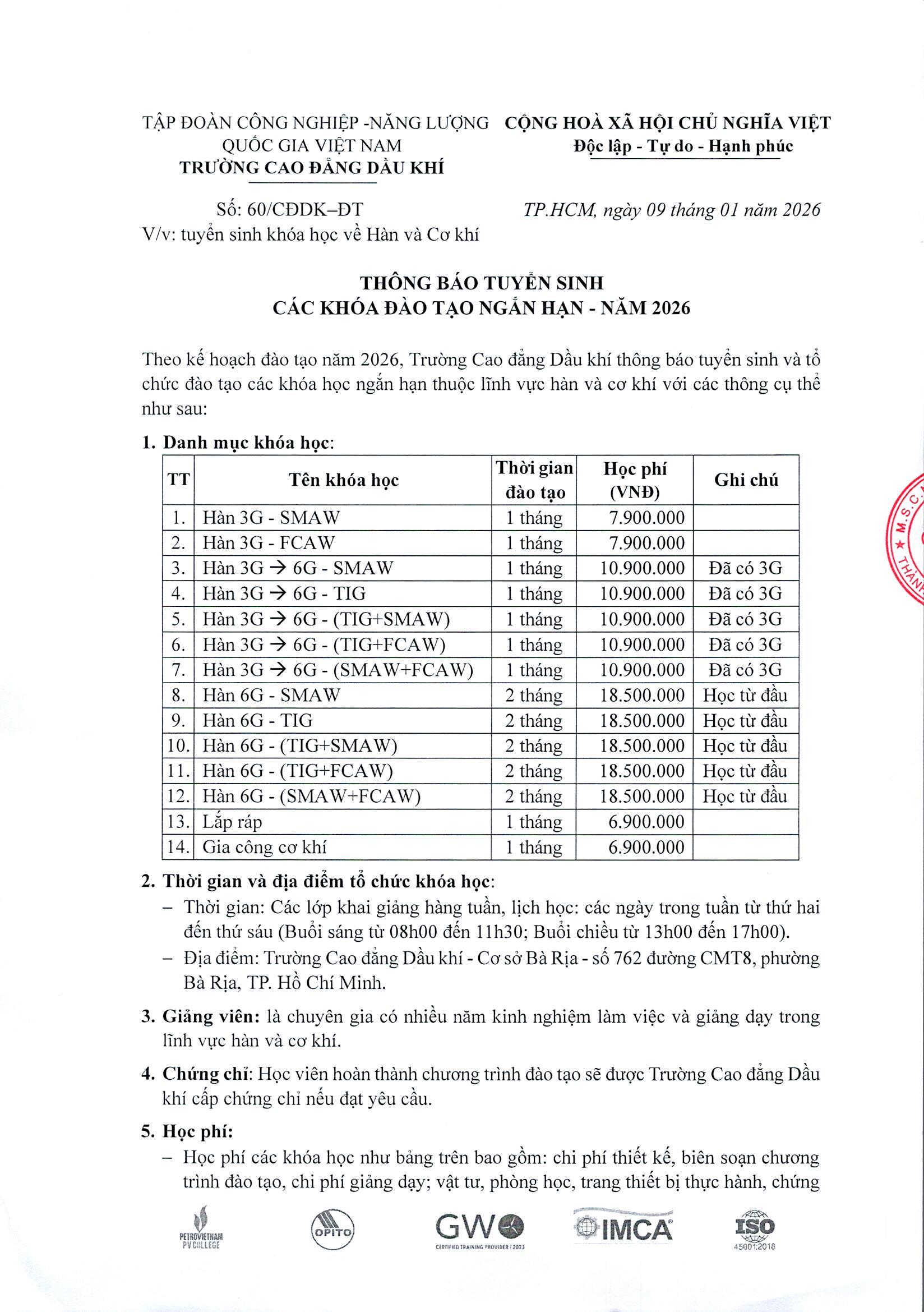 Thông báo tuyển sinh khoá học về Hàn và Cơ khí