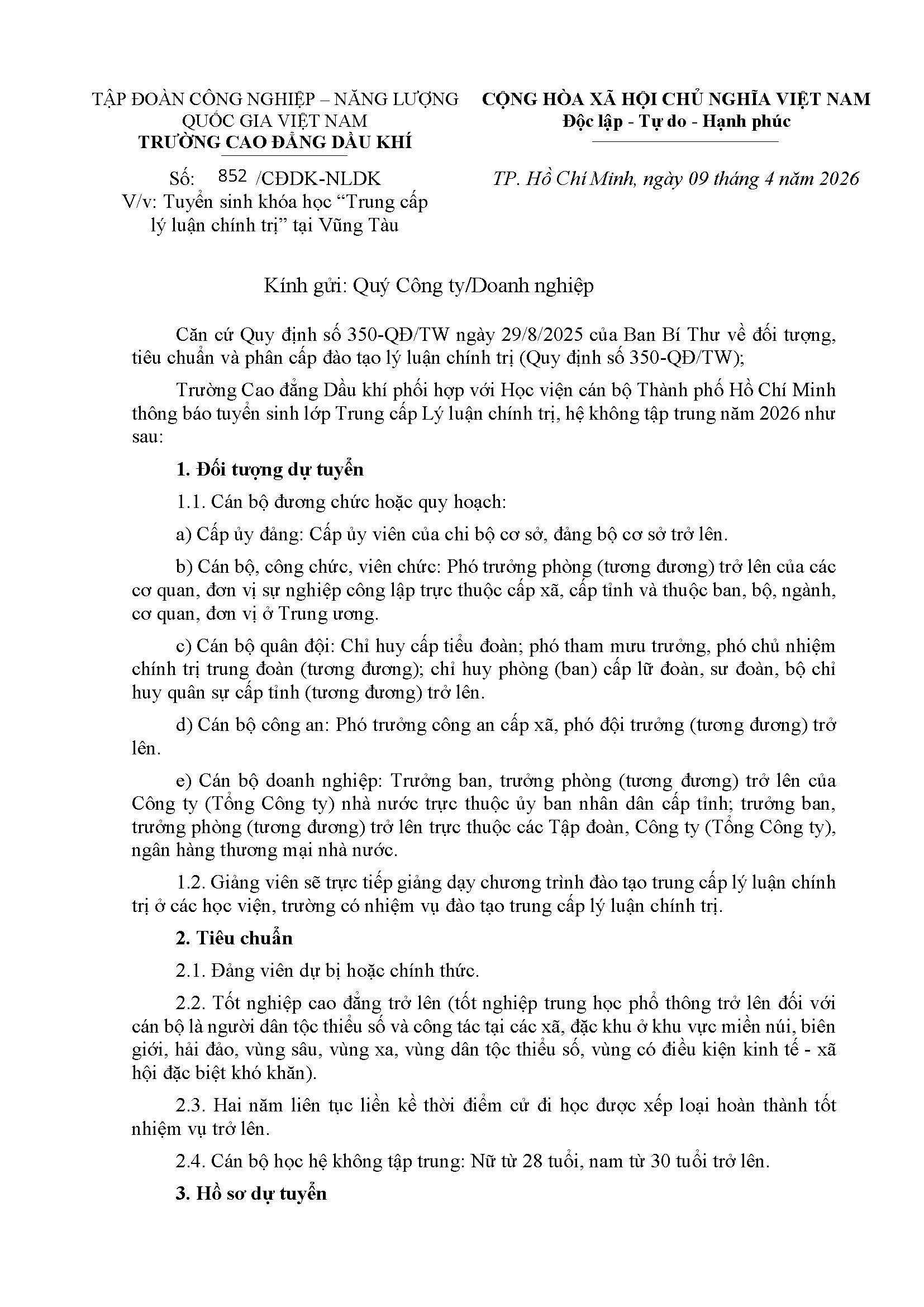 Thông báo tuyển sinh khóa học “Trung cấp lý luận chính trị” tại Vũng Tàu