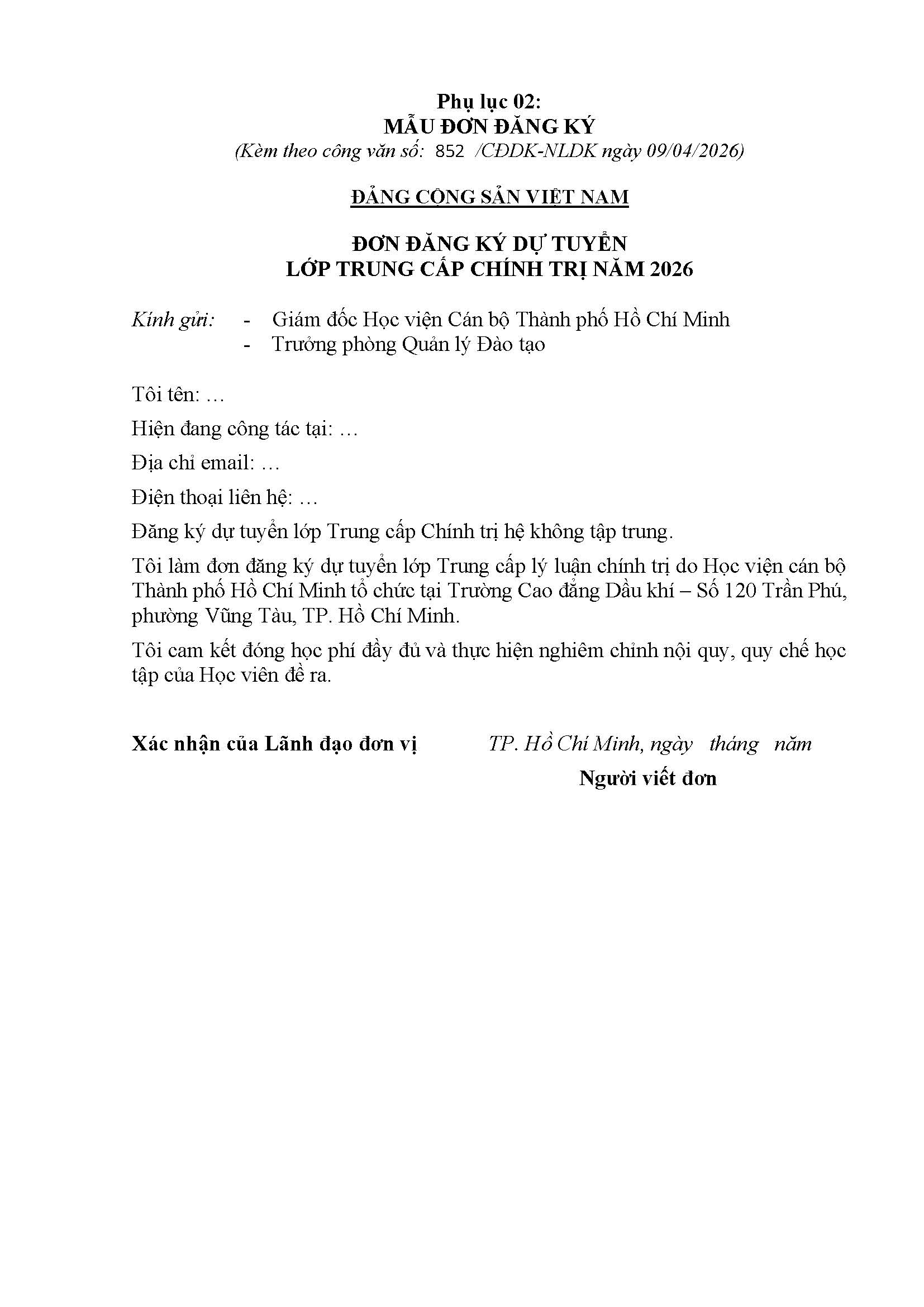 Thông báo tuyển sinh khóa học “Trung cấp lý luận chính trị” tại Vũng Tàu