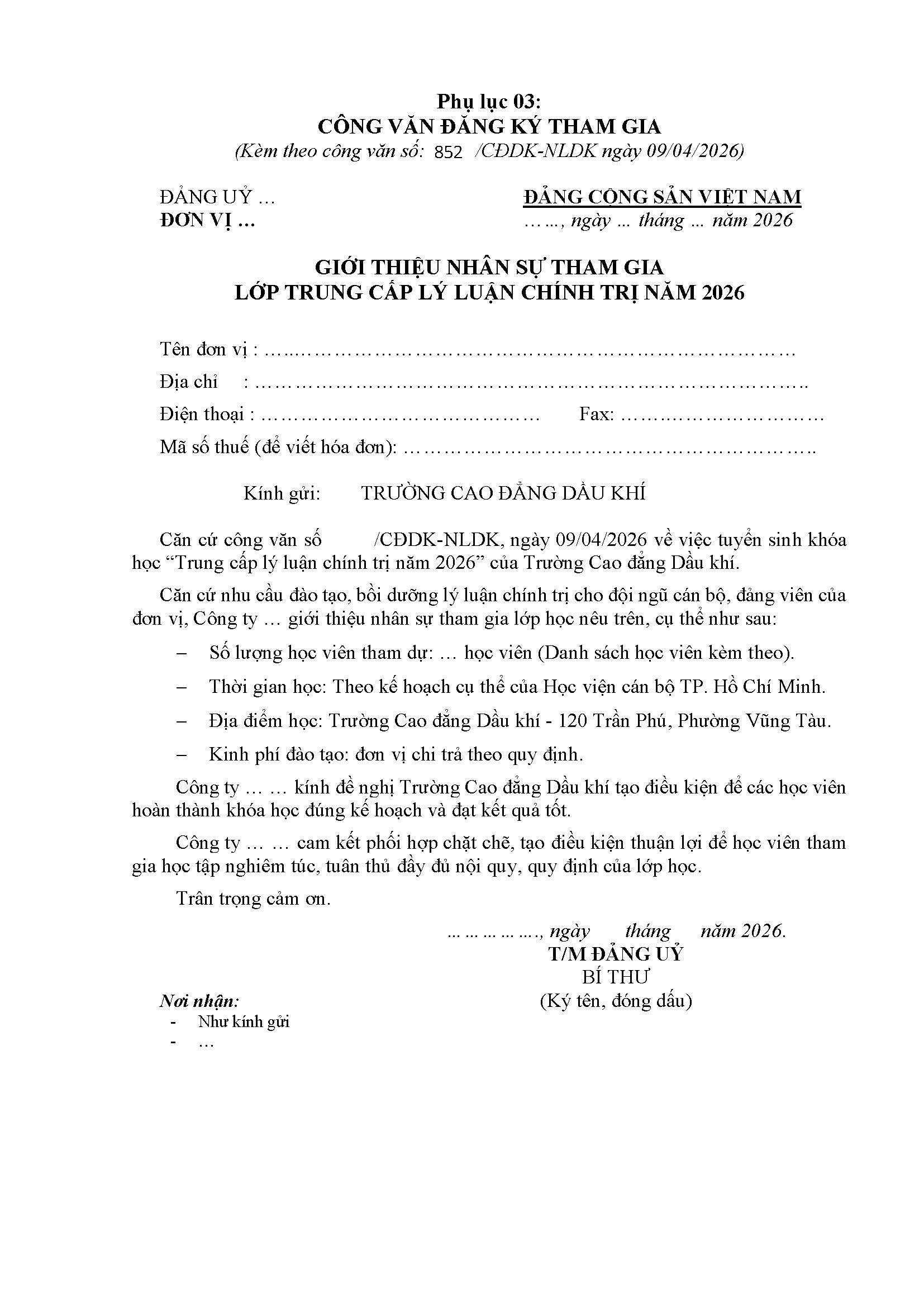 Thông báo tuyển sinh khóa học “Trung cấp lý luận chính trị” tại Vũng Tàu