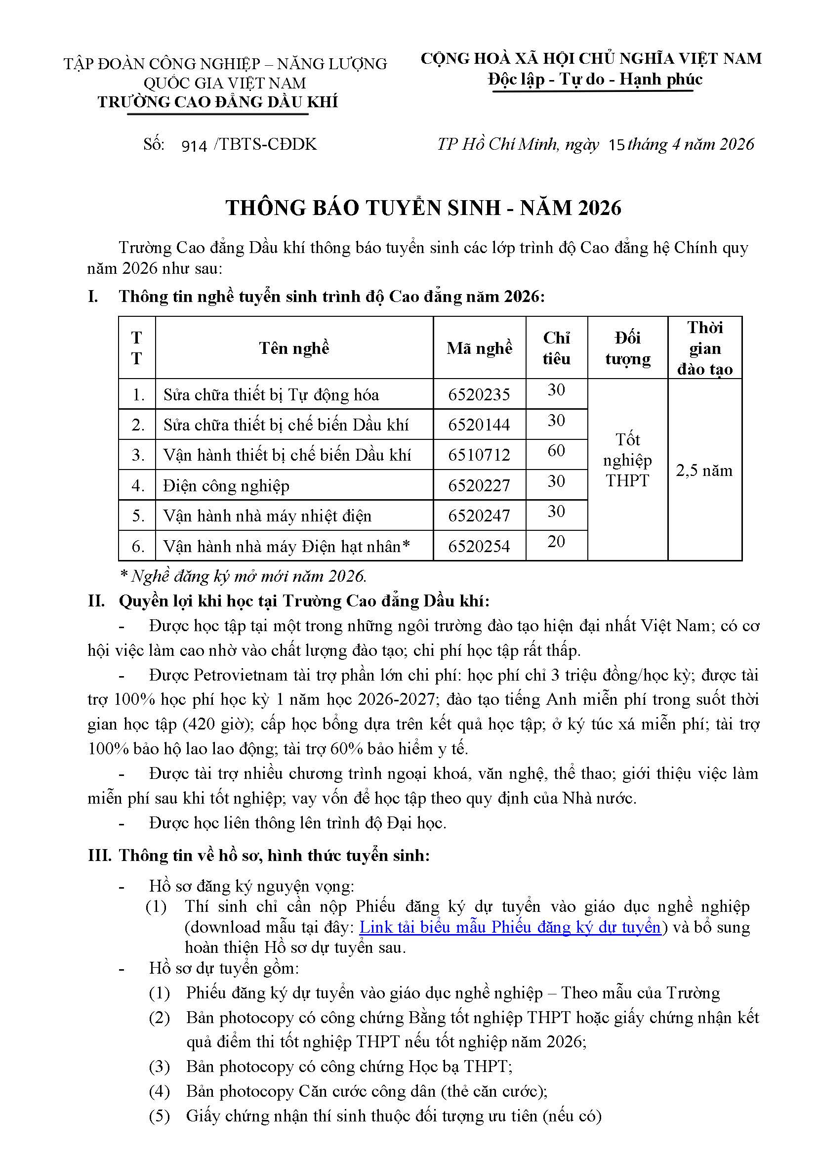 Thông báo tuyển sinh trình độ Cao đẳng năm 2026