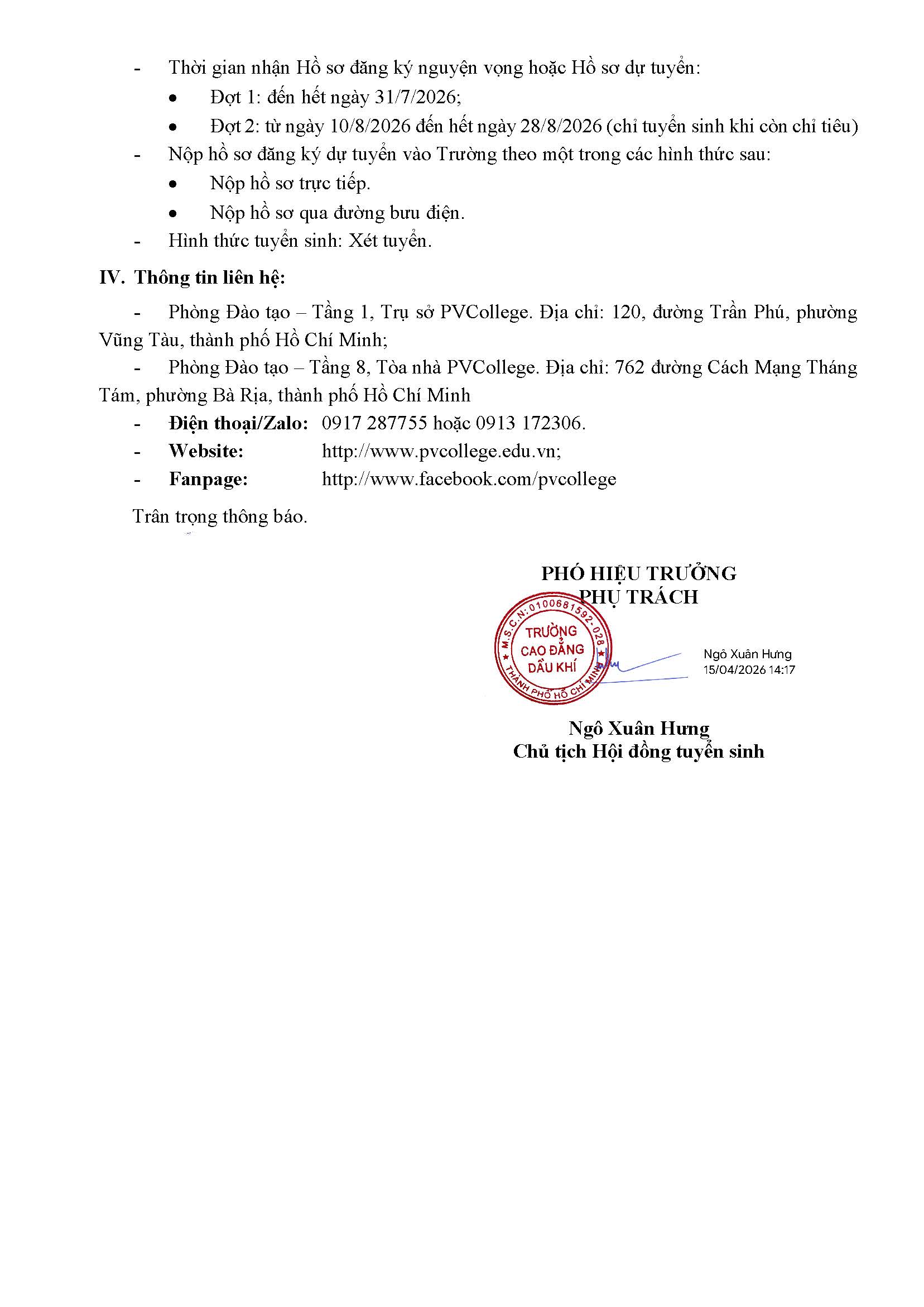 Thông báo tuyển sinh trình độ Cao đẳng năm 2026