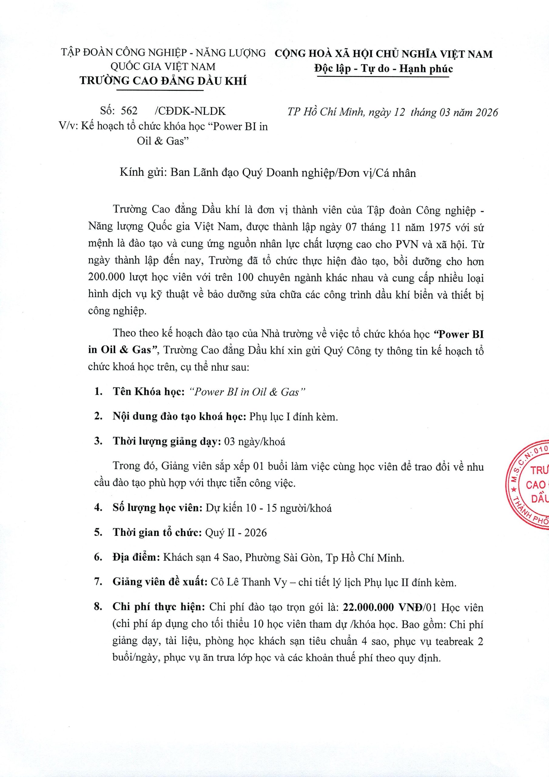 Kế hoặc tổ chức khoá học “Power BI in Oil & Gas”