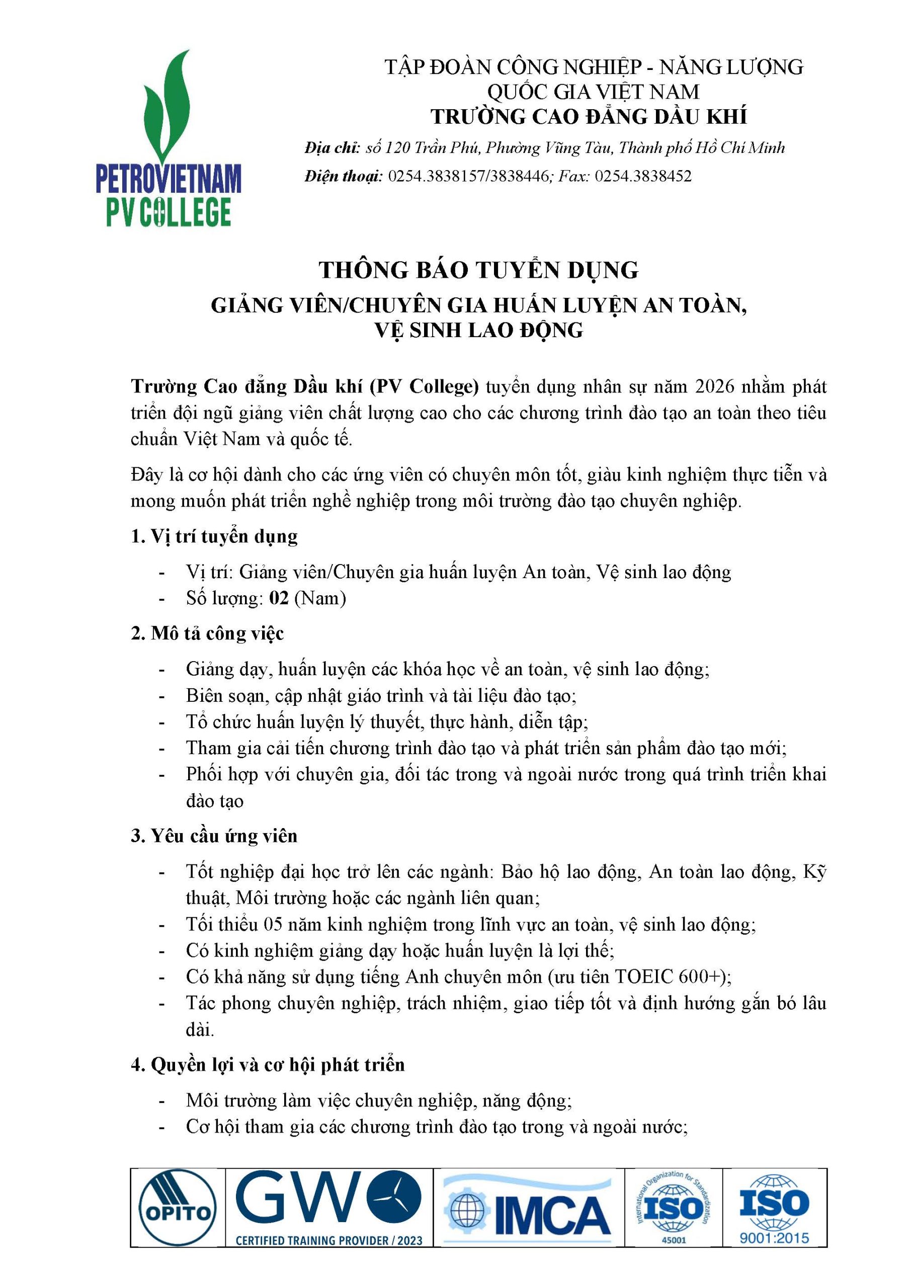 PVCollege thông báo tuyển dụng Giảng viên/Chuyên gia huấn luyện an toàn, vệ sinh lao động
