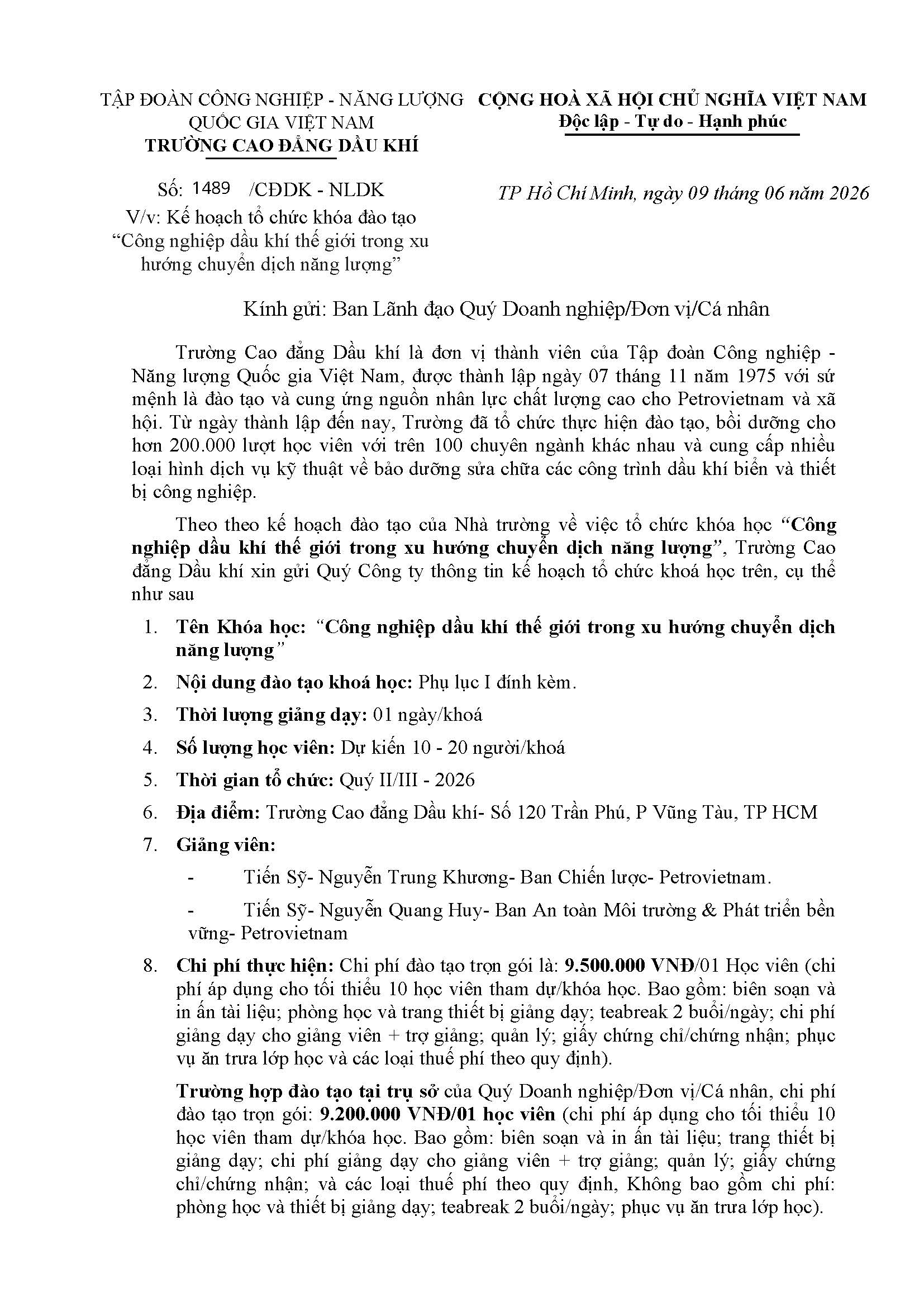 Kế hoạch tổ chức khóa đào tạo “Công nghiệp dầu khí thế giới trong xu hướng chuyển dịch năng lượng”