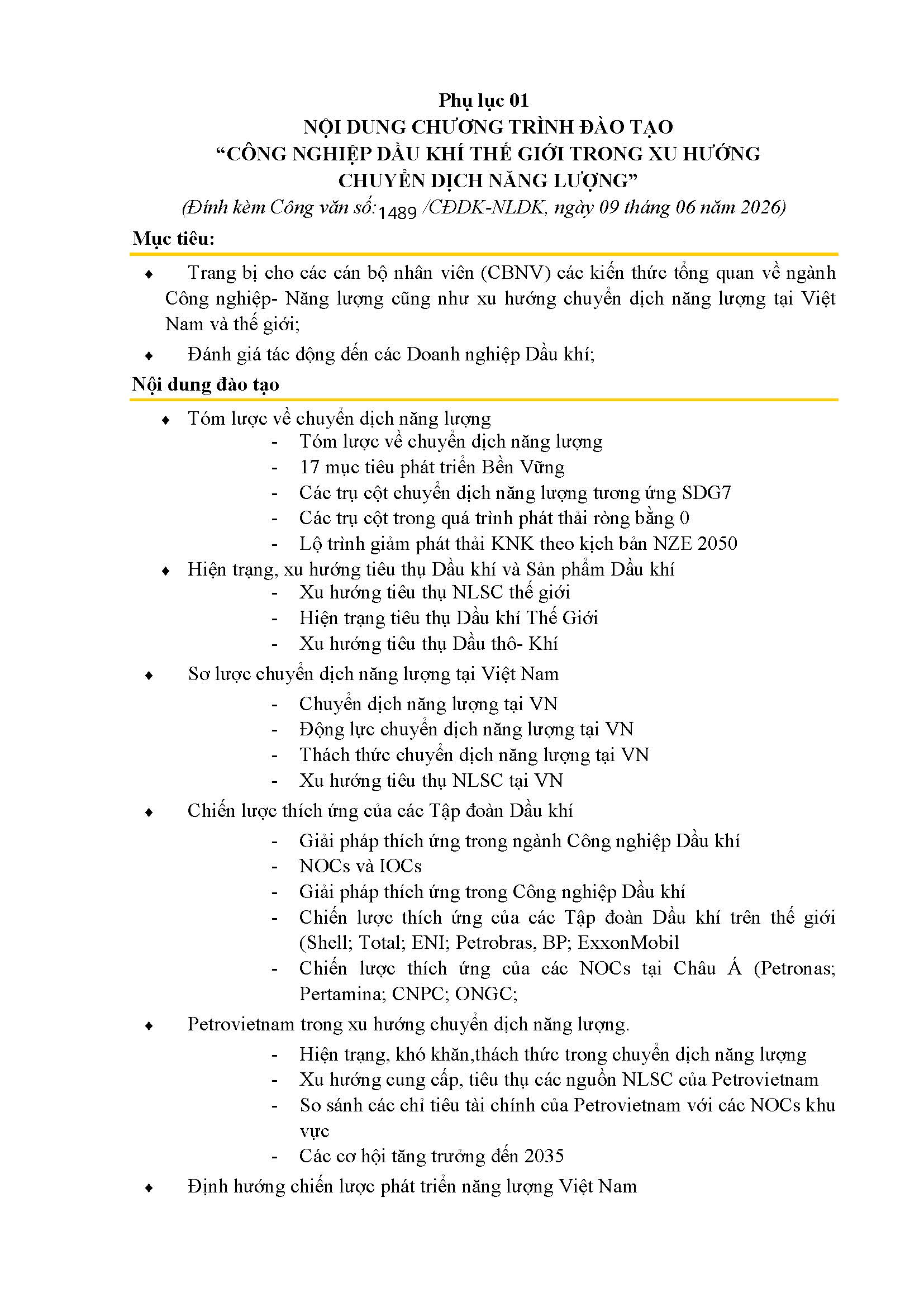 Kế hoạch tổ chức khóa đào tạo “Công nghiệp dầu khí thế giới trong xu hướng chuyển dịch năng lượng”