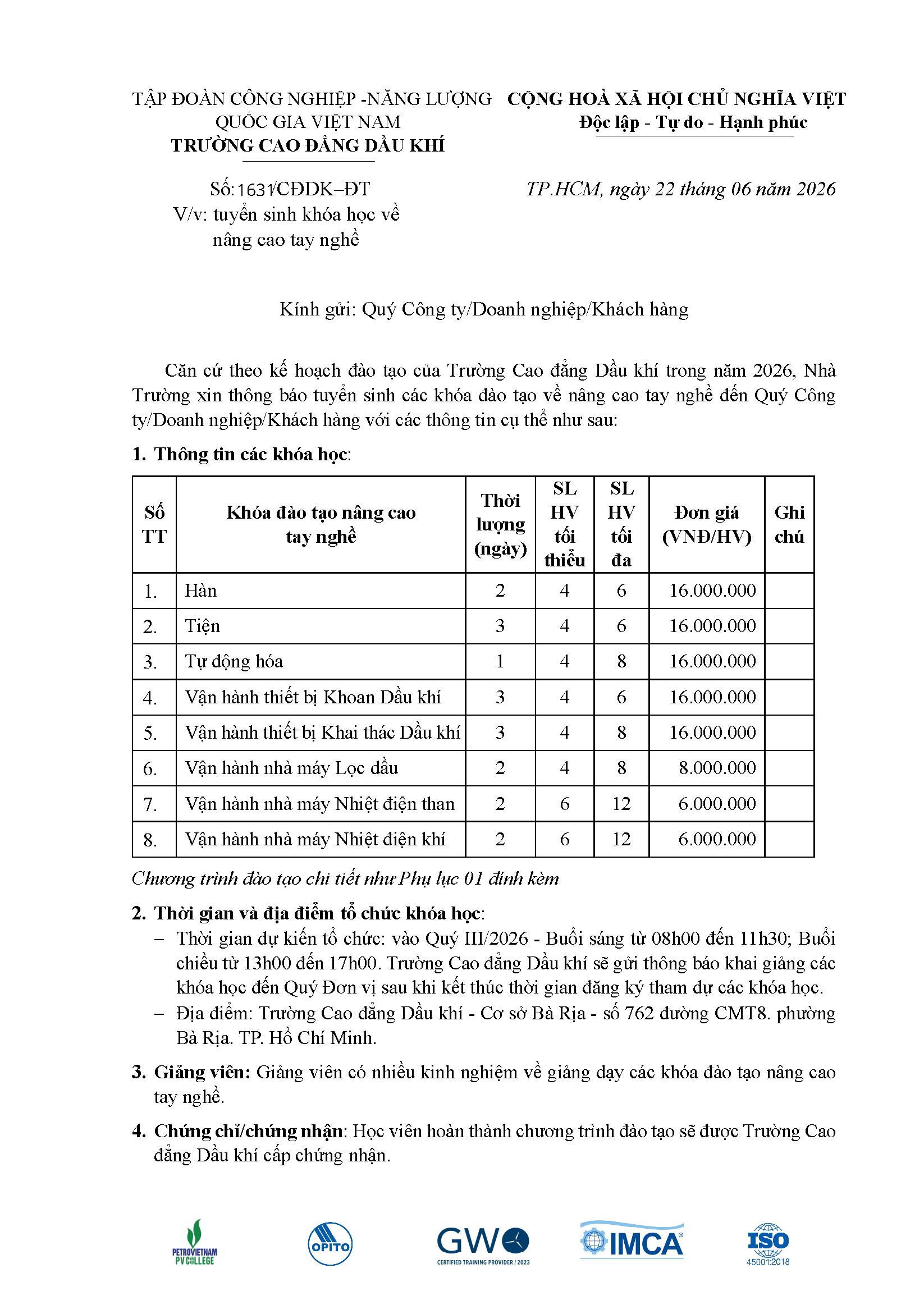 Thông báo tuyển sinh khóa học về nâng cao tay nghề
