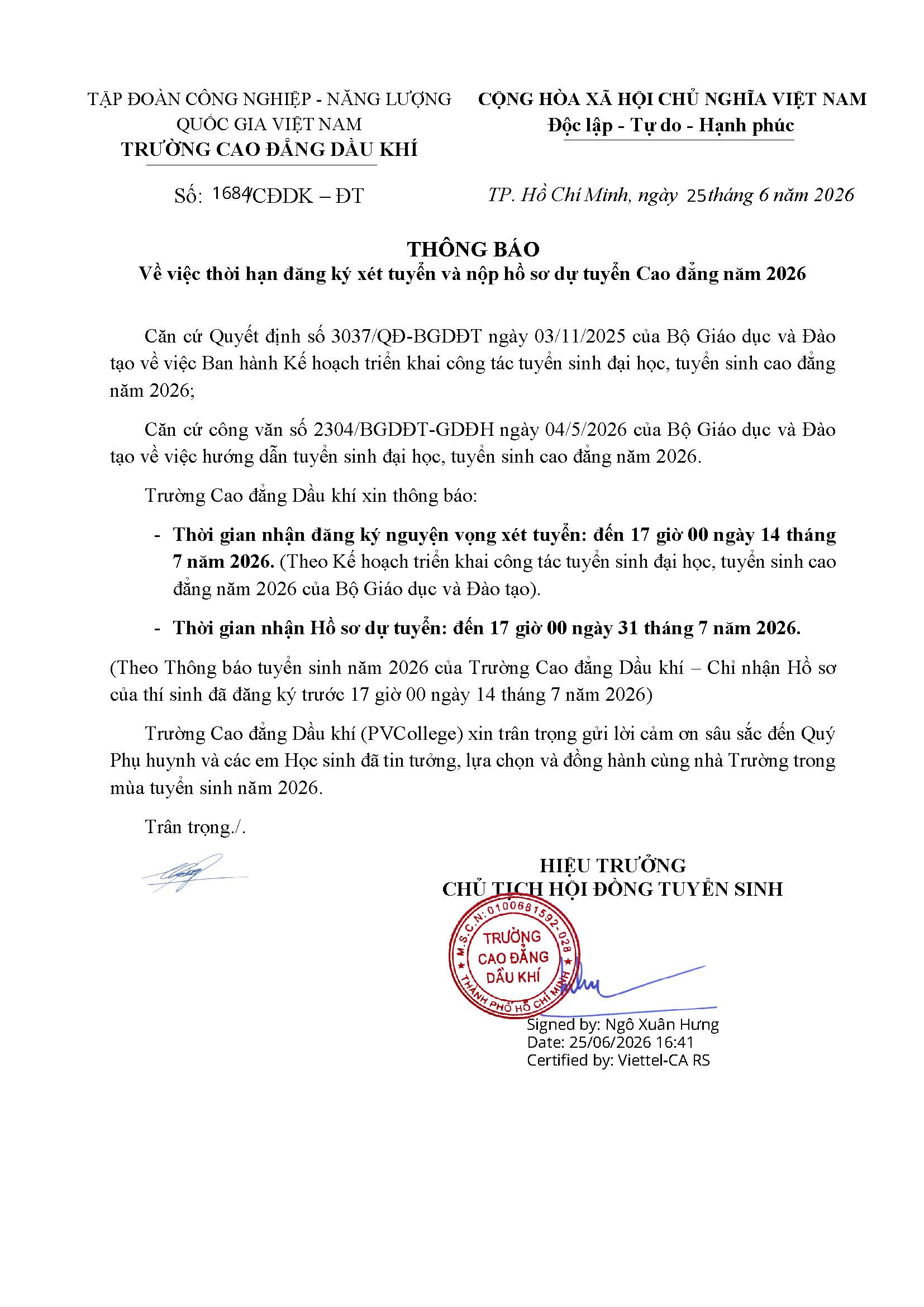 Thông báo thời hạn đăng ký xét tuyển và nộp hồ sơ dự tuyển Cao đẳng năm 2026