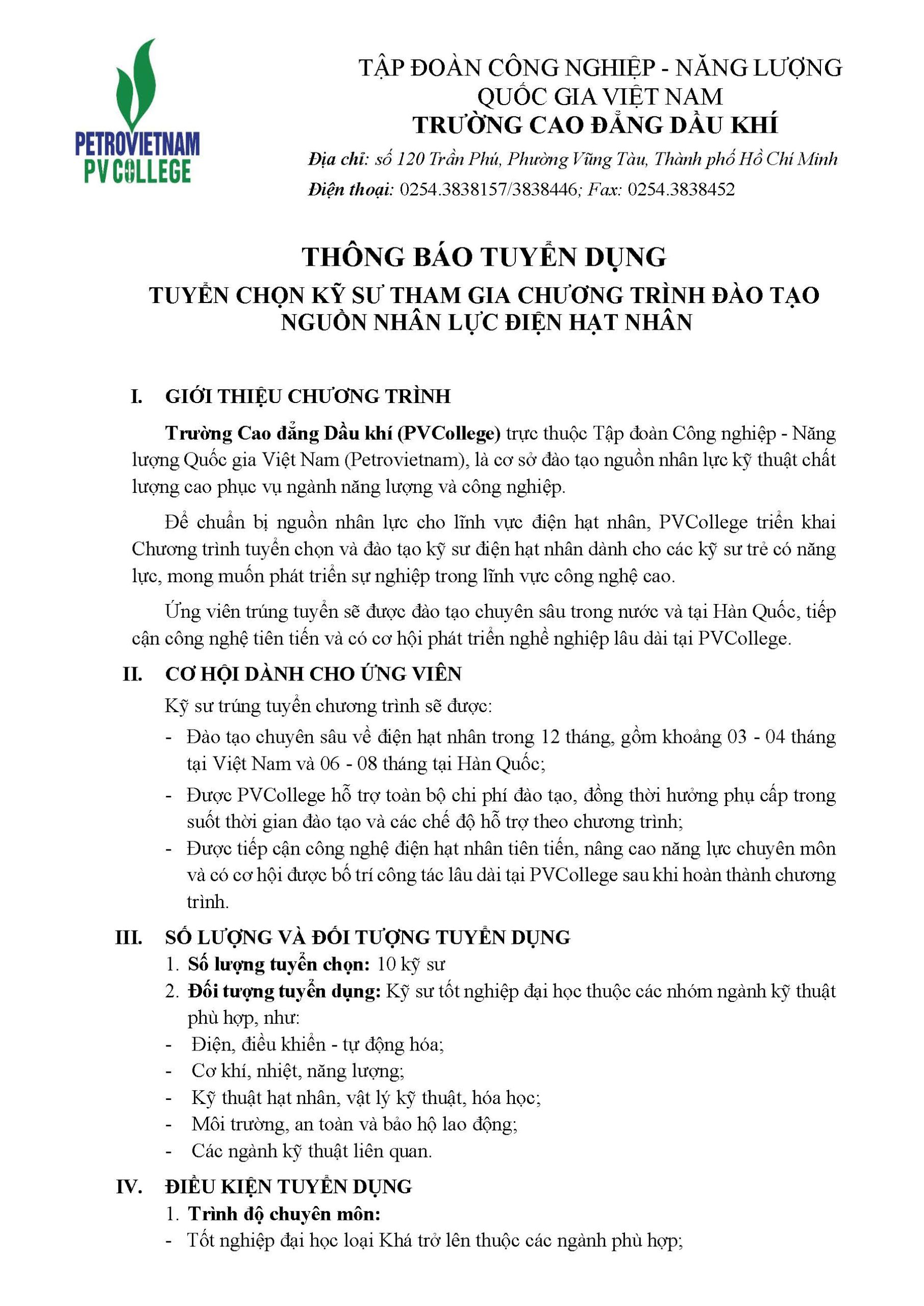 THÔNG BÁO TUYỂN DỤNG TUYỂN CHỌN KỸ SƯ THAM GIA CHƯƠNG TRÌNH ĐÀO TẠO NGUỒN NHÂN LỰC ĐIỆN HẠT NHÂN