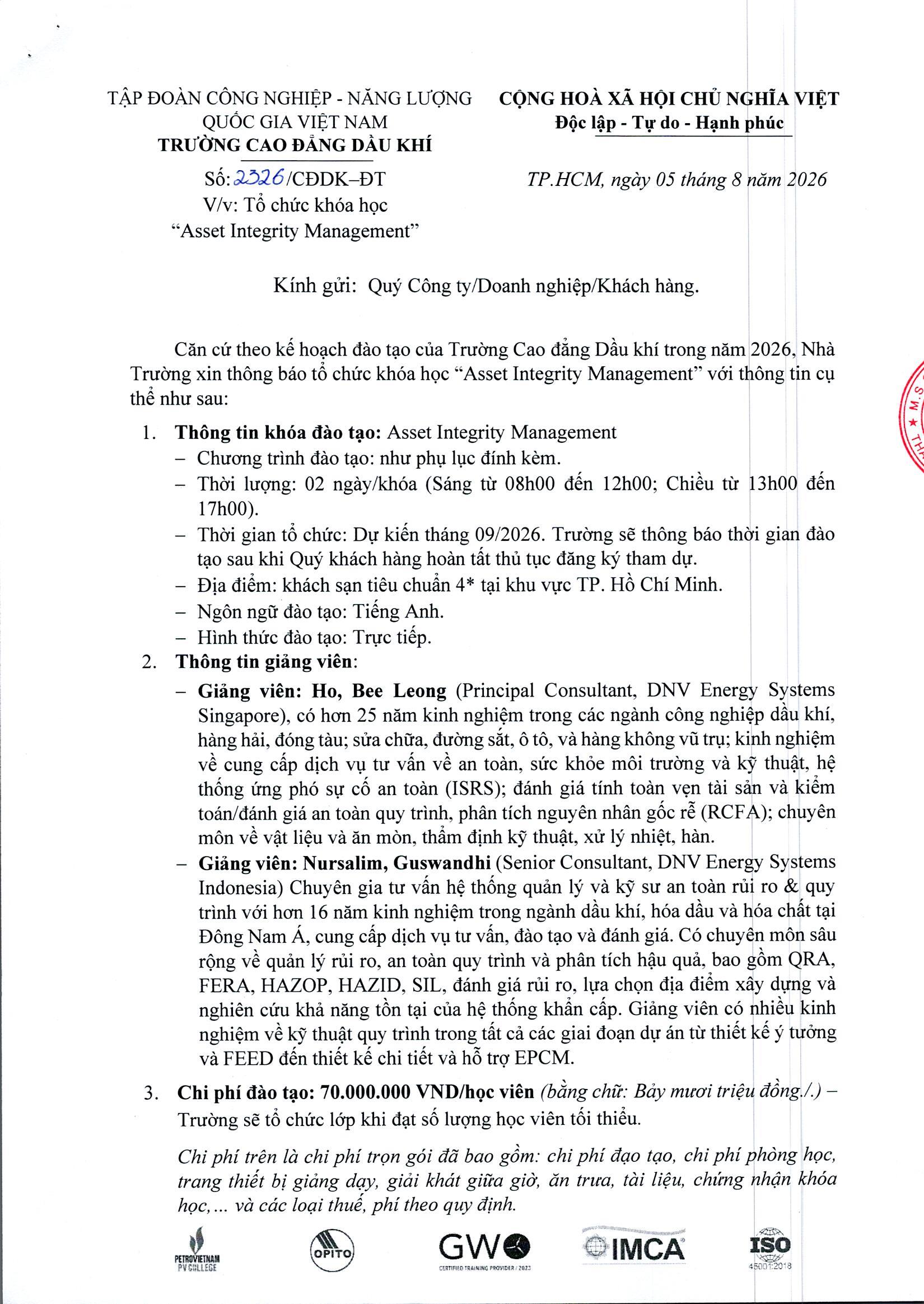 Thông báo tổ chức khóa học “Asset Integrity Management”
