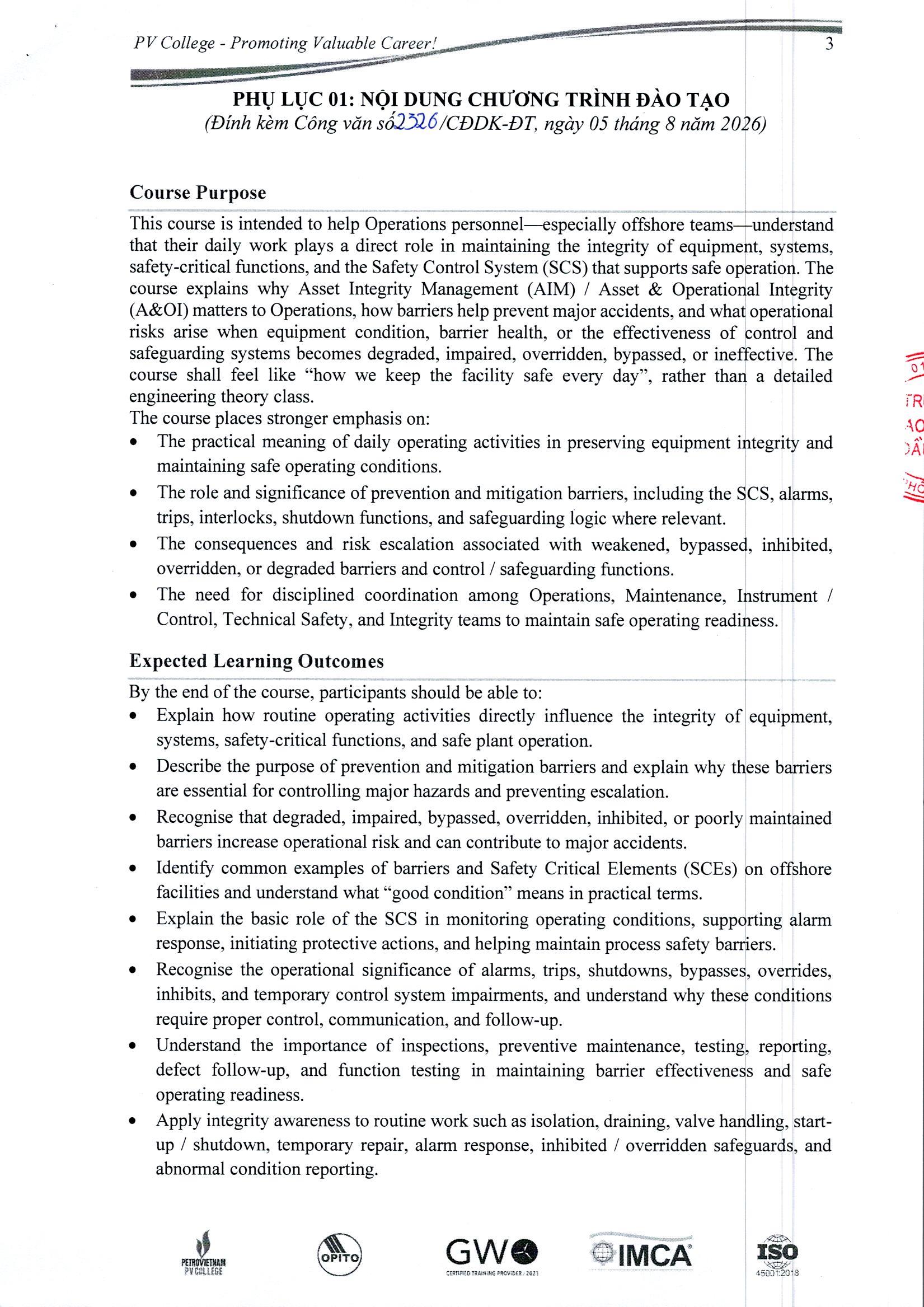 Thông báo tổ chức khóa học “Asset Integrity Management”