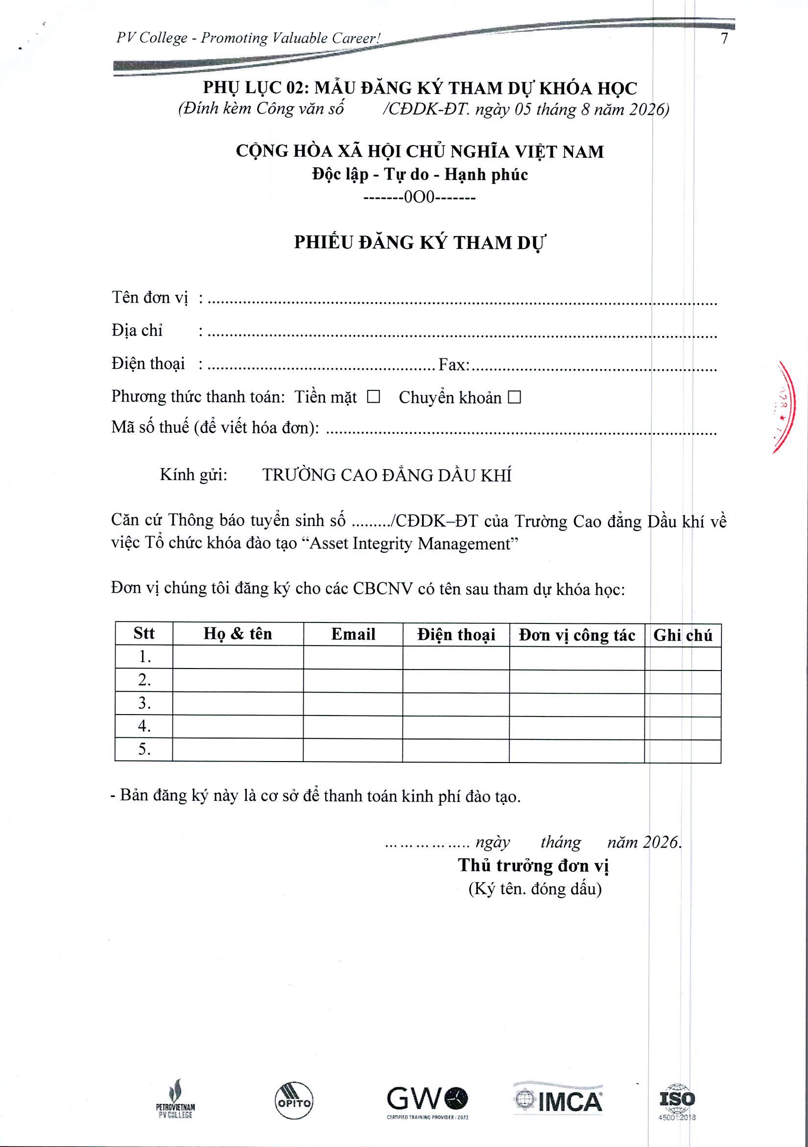 Thông báo tổ chức khóa học “Asset Integrity Management”