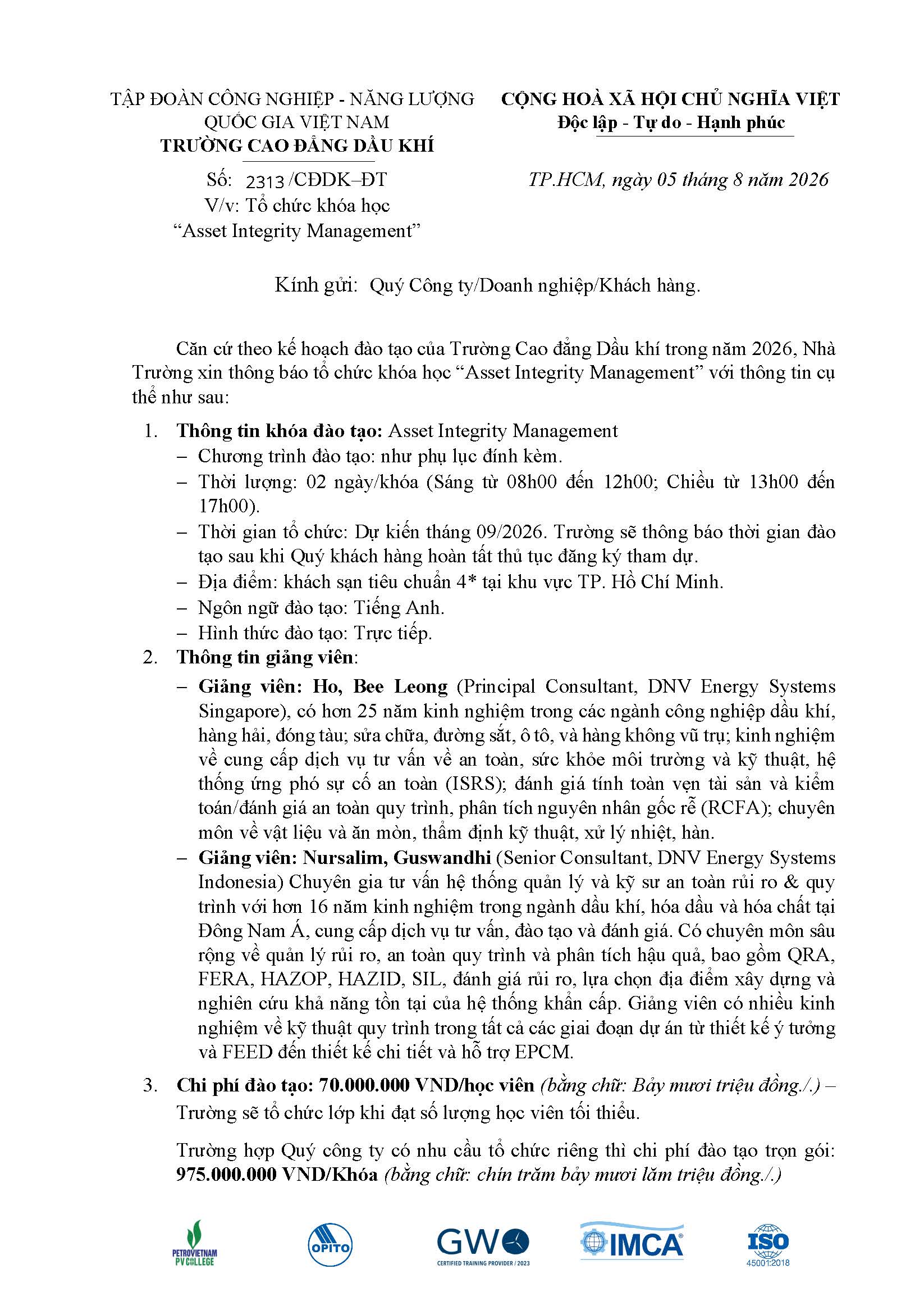 Thông báo tổ chức khóa học “Asset Integrity Management”
